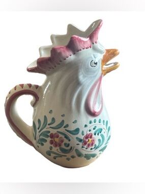 Vintage hand -Painted Ceramic Orvieto signed Rooster Pitcher •